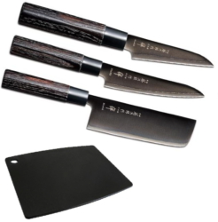 Set de 3 couteaux japonais Zen Black Tojiro forme vegan + Planche à découper