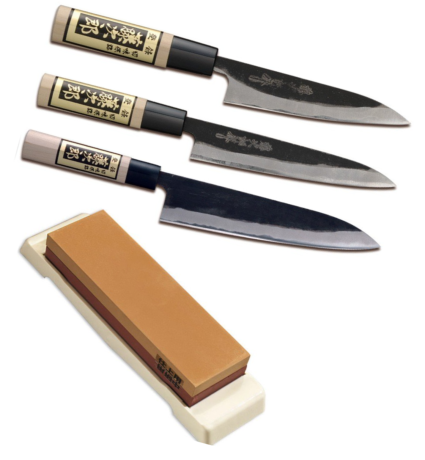 SET DE 3 COUTEAUX JAPONAIS TOJIRO YASUKI SHIROGAMI "FORME EUROPÉENNE" ET PIERRE