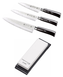 Set de 3 couteaux de cuisine Japonais Tamahagane Hammered" Forme Européenne" et pierre