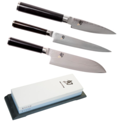 SET DE 3 COUTEAUX DE CUISINE JAPONAIS KAI SHUN CLASSIC "FORME JAPONAISE" ET PIERRE