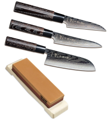 SET DE 3 COUTEAUX DE CUISINE JAPONAIS TOJIRO SHIPPU BLACK "FORME JAPONAISE" ET PIERRE