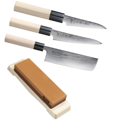 Set de 3 couteaux Tojiro Shippu Damas "forme vegan" + pierre à aiguiser Tojiro
