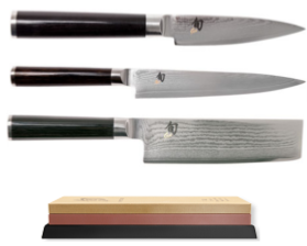 Set de 3 couteaux japonais Kai Shun Classic damas forme vegan + pierre à aiguiser Kai