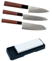 SET DE 3 COUTEAUX DE CUISINE JAPONAIS KAI SEKI MAGOROKU "FORME JAPONAISE" ET PIERRE