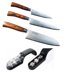 SET DE 3 COUTEAUX DE CUISINE JAPONAIS TAMAHAGANE GAMME TSUBAME WOOD "FORME JAPONAISE" ET AFFÛTEUR