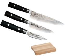 SET 3 COUTEAUX DE CUISINE JAPONAIS YAXELL ZEN "FORME EUROPÉENNE" PLANCHE