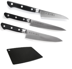 SET DE 3 COUTEAUX DE CUISINE JAPONAIS TOJIRO DP SERIE ET PLANCHE "FORME EUROPÉENNE"