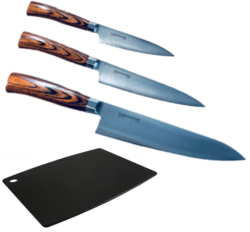 SET DE 3 COUTEAUX DE CUISINE JAPONAIS TAMAHAGANE GAMME SAN "FORME EUROPÉENNE" ET PLANCHE