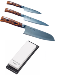 Set de 3 couteaux de cuisine japonais Tamahagane gamme San "forme japonaise" et pierre