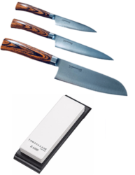 SET DE 3 COUTEAUX DE CUISINE JAPONAIS TAMAHAGANE GAMME SAN "FORME JAPONAISE" ET PIERRE