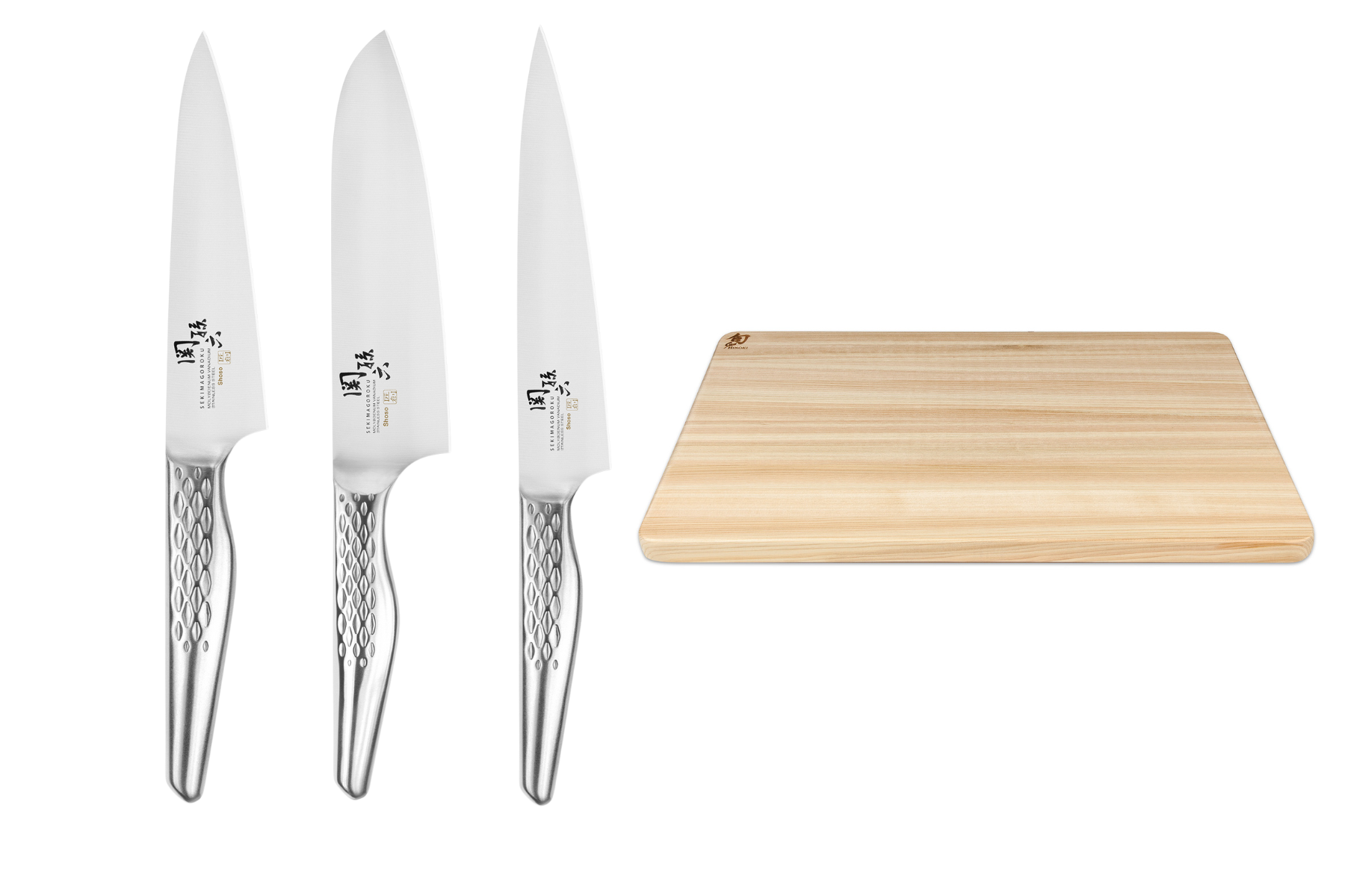 Set de 3 couteaux japonais Kai Seki Magoroku Shoso - Forme japonaise + planche à découper Kai
