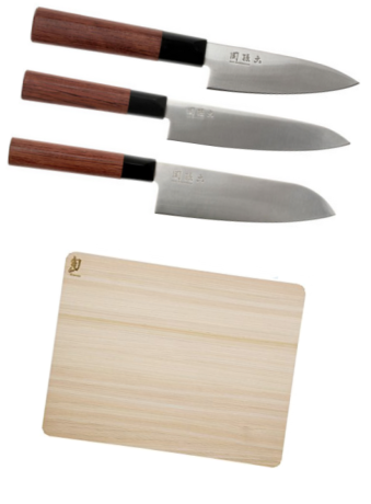 Set de 3 couteaux Kai Seki Magoroku "FORME JAPONAISE" et planche