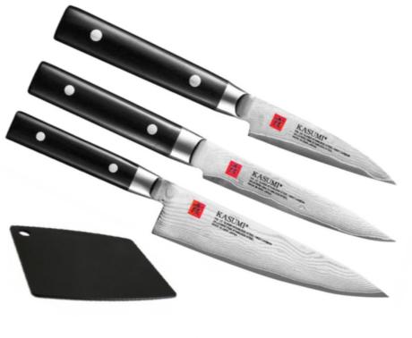 Set de 3 couteaux japonais Kasumi damas forme européenne et planche