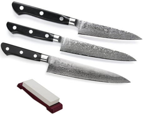SET DE 3 COUTEAUX JAPONAIS TOJIRO DAMASCUS PRO SGPS "FORME EUROPÉENNE" ET PIERRE