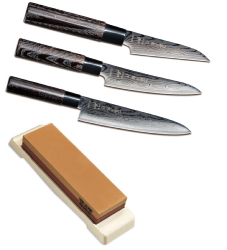 SET DE 3 COUTEAUX DE CUISINE JAPONAIS TOJIRO SHIPPU BLACK "FORME EUROPÉENNE" ET PIERRE