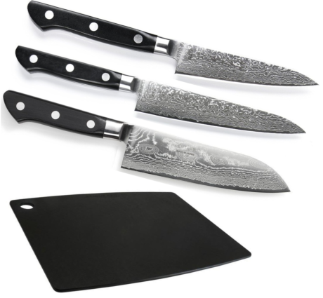 SET DE 3 COUTEAUX JAPONAIS TOJIRO DAMASCUS PRO SGPS "FORME JAPONAISE" ET PLANCHE