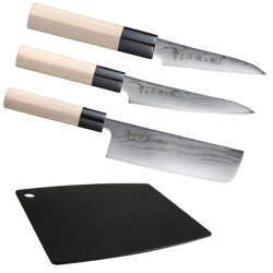 Set de 3 couteaux Tojiro Shippu Damas "forme végan" + planche à découper
