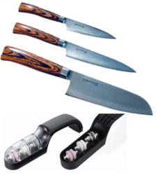 SET DE 3 COUTEAUX DE CUISINE JAPONAIS TAMAHAGANE GAMME SAN "FORME JAPONAISE" ET AFFÛTEUR