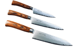 SET DE 3 COUTEAUX DE CUISINE JAPONAIS TAMAHAGANE GAMME TSUBAME WOOD "FORME EUROPÉENNE"