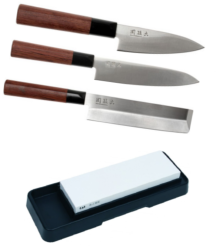 SET DE 3 COUTEAUX DE CUISINE JAPONAIS KAI SEKI MAGOROKU "FORME VÉGAN" ET PIERRE