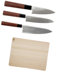 SET DE 3 COUTEAUX DE CUISINE JAPONAIS KAI SEKI MAGOROKU "FORME EUROPÉENNE" ET PLANCHE