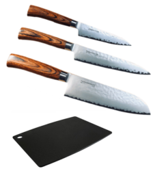 SET DE 3 COUTEAUX DE CUISINE JAPONAIS TAMAHAGANE GAMME TSUBAME WOOD "FORME JAPONAISE" ET PLANCHE
