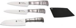 SET 3 COUTEAUX JAPONAIS TAMAHAGANE GAMME BAMBOO 3PLY "FORME JAPONAISE" ET PLANCHE