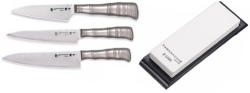 SET 3 COUTEAUX DE CUISINE TAMAHAGANE GAMME BAMBOO 63PLY "FORME EUROPÉENNE" ET PIERRE