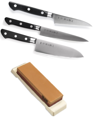 Set de 3 couteaux japonais DP Série Tojiro forme japonaise + pierre à affûter Tojiro