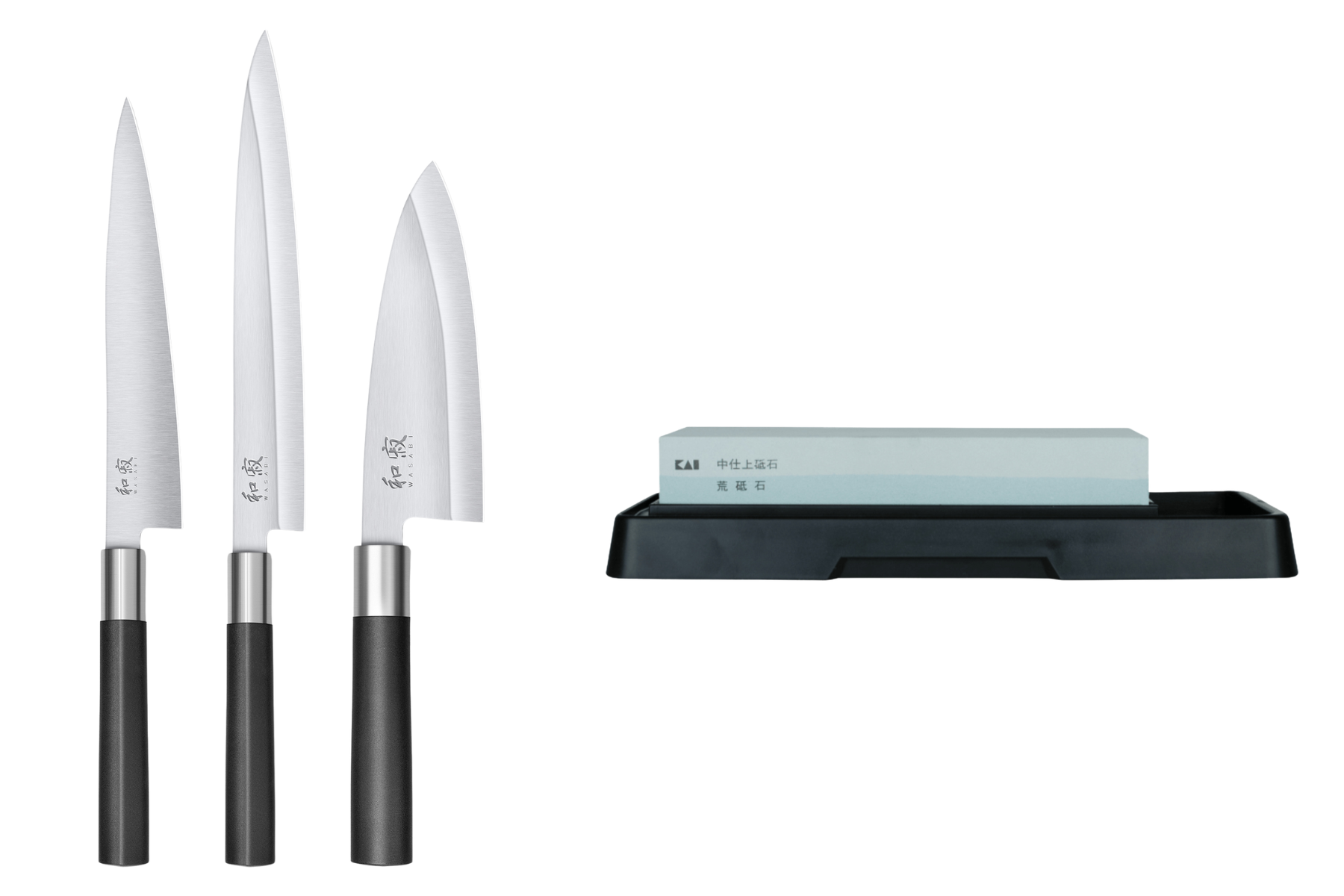 Set de 3 couteaux japonais Kai Wasabi Black - 3 couteaux japonais pour poisson + pierre à aiguiser