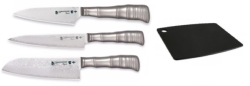 SET 3 COUTEAUX DE CUISINE TAMAHAGANE GAMME BAMBOO 63PLY "FORME JAPONAISE" ET PLANCHE