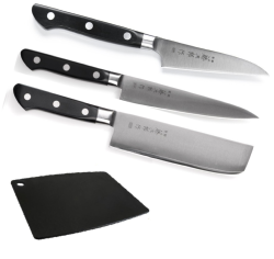 SET DE 3 COUTEAUX DE CUISINE JAPONAIS TOJIRO DP SERIE ET PLANCHE "FORME VÉGAN"