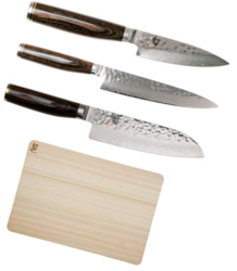 SET DE 3 COUTEAUX DE CUISINE JAPONAIS KAI SHUN PREMIER "FORME JAPONAISE" ET PLANCHE