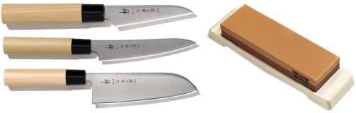 Set de 3 couteaux japonais Tojiro Zen forme japonaise + pierre à aiguiser Tojiro