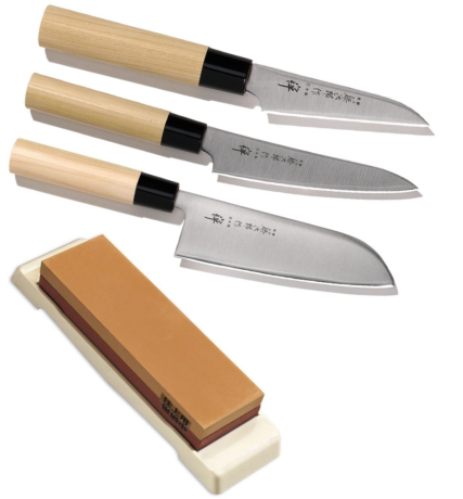 Set de 3 couteaux japonais Tojiro Zen forme japonaise + pierre à aiguiser Tojiro