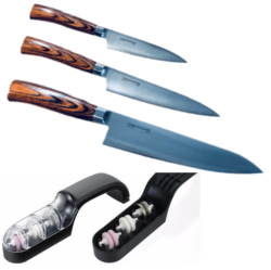 Set de 3 couteaux de cuisine japonais Tamahagane  gamme San "forme européenne" et affûteur
