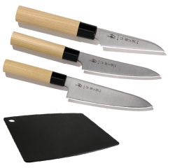 SET DE 3 COUTEAUX DE CUISINE JAPONAIS TOJIRO ZEN ET PLANCHE "FORME EUROPÉENNE