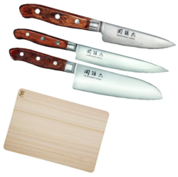 SET DE 3 COUTEAUX DE CUISINE JAPONAIS KAI SEKI MAGOROKU VINTAGE "FORME JAPONAISE" ET PLANCHE