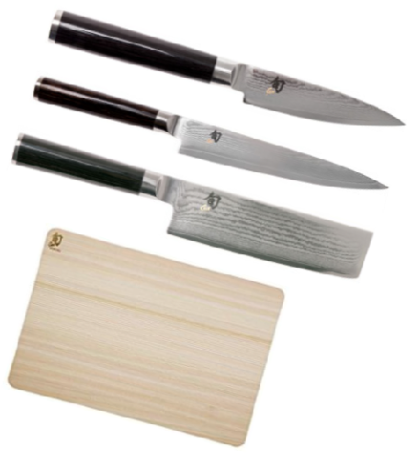 Set de 3 couteaux japonais Kai Shun Classic damas forme vegan + planche à découper Kai
