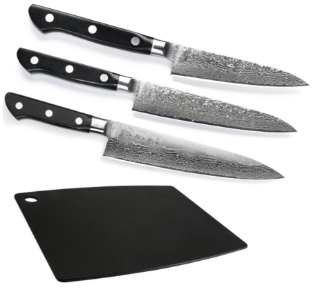 SET DE 3 COUTEAUX JAPONAIS TOJIRO DAMASCUS PRO SGPS "FORME EUROPÉENNE" ET PLANCHE