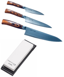 Set de 3 couteaux de cuisine japonais Tamahagane gamme San "forme européenne" et pierre